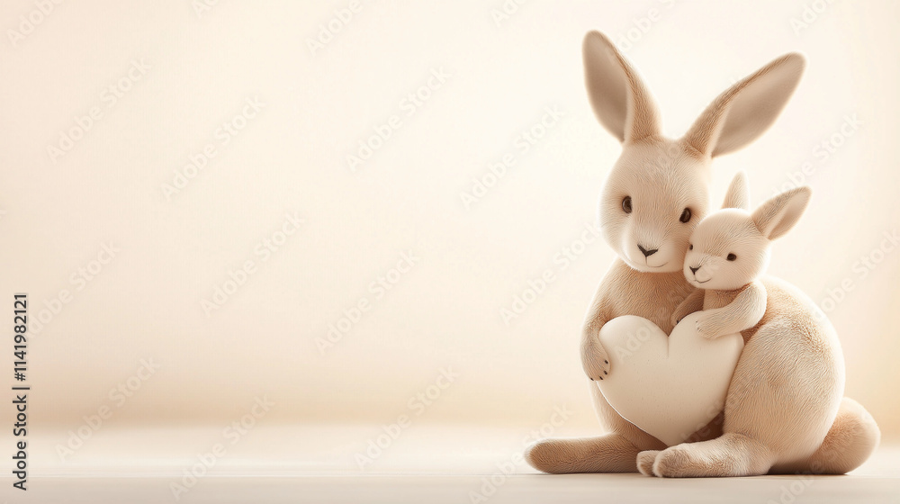 Obraz premium Mother and baby bunny holding a heart on soft beige background