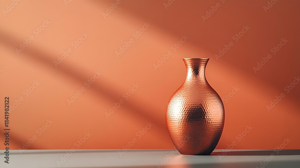 Terracotta background with sleek copper vase on minimalist monochrome table, ideal for stylish product display mockups
