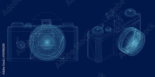 Photo camera wireframe set. Front, isometric view. Vector illustration