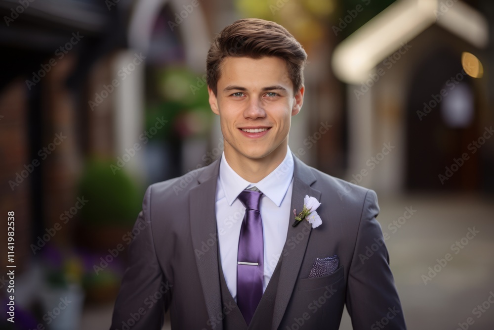 Portrait of a handsome young groom in a wedding suit on the street Portrait of a handsome young groom in a wedding suit on the street