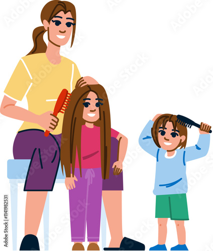 knots brushing child hair vector. smooth detangle, comb brush, care manage knots brushing child hair character. people flat cartoon illustration