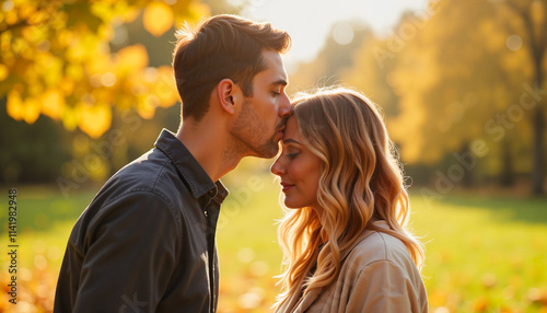 Tender forehead kiss between a couple outdoors under golden sunlight, capturing a moment of love and connection in autumn