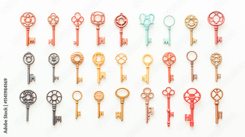 A collection of keys arranged and isolated on a clean white background A collection of keys arranged and isolated on a clean white background