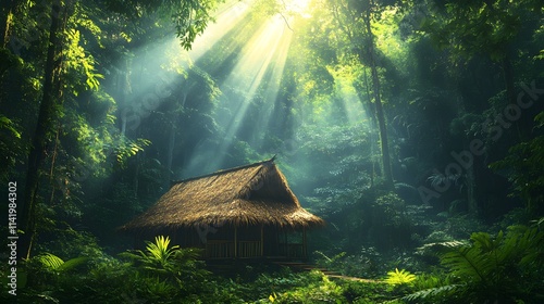 Home insulation is essential for maintaining temperature. A serene cottage hidden in a lush forest bathes in soft sunlight, showcasing nature's beauty and tranquility.