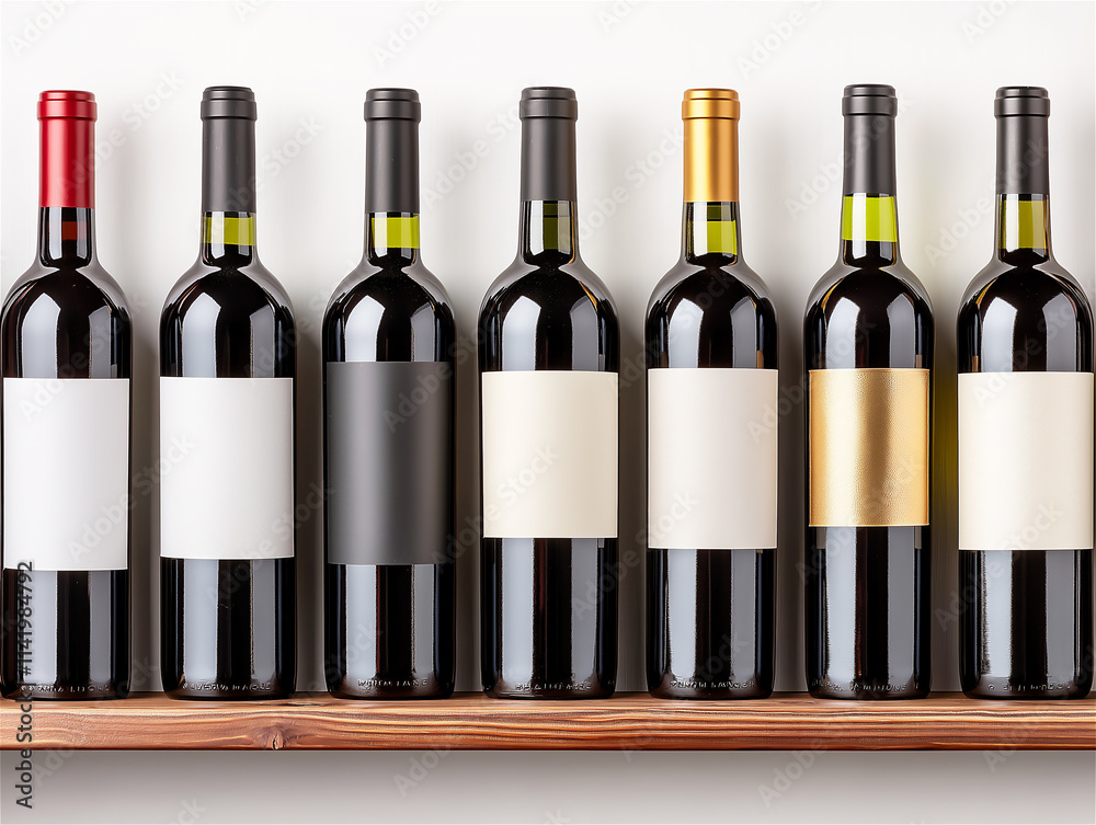 Seven bottles of wine with blank labels in a row on a wooden shelf, ready for branding or advertising concepts. Seven bottles of wine with blank labels in a row on a wooden shelf, ready for branding or advertising concepts.
