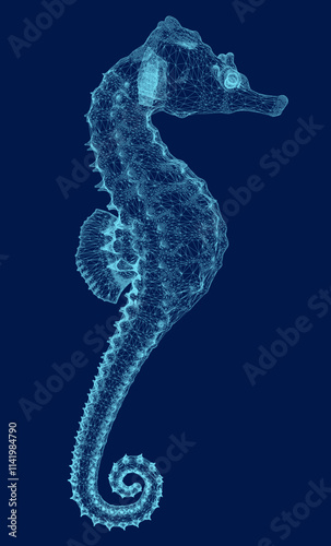 Wireframe seahorse on isolated blue background. 3D. Vector illustration