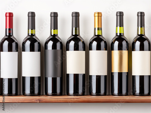 Seven bottles of wine with blank labels in a row on a wooden shelf, ready for branding or advertising concepts. photo