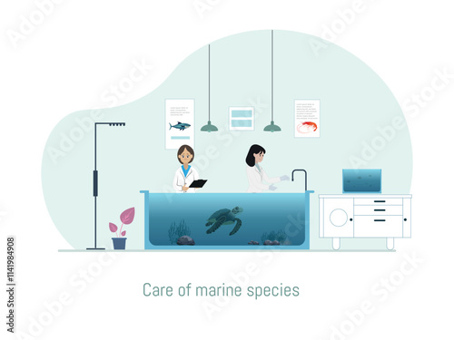 Care of marine species in a specialized veterinary center.Illustration of two veterinarians in a specialized center for marine species care, working with a tank containing sea turtles and corals. Clin