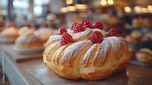 Raspberry Delight: A close-up of a decadent pastry, adorned with juicy raspberries and a dusting of powdered sugar, sits temptingly on a bakery counter. The warm. photo