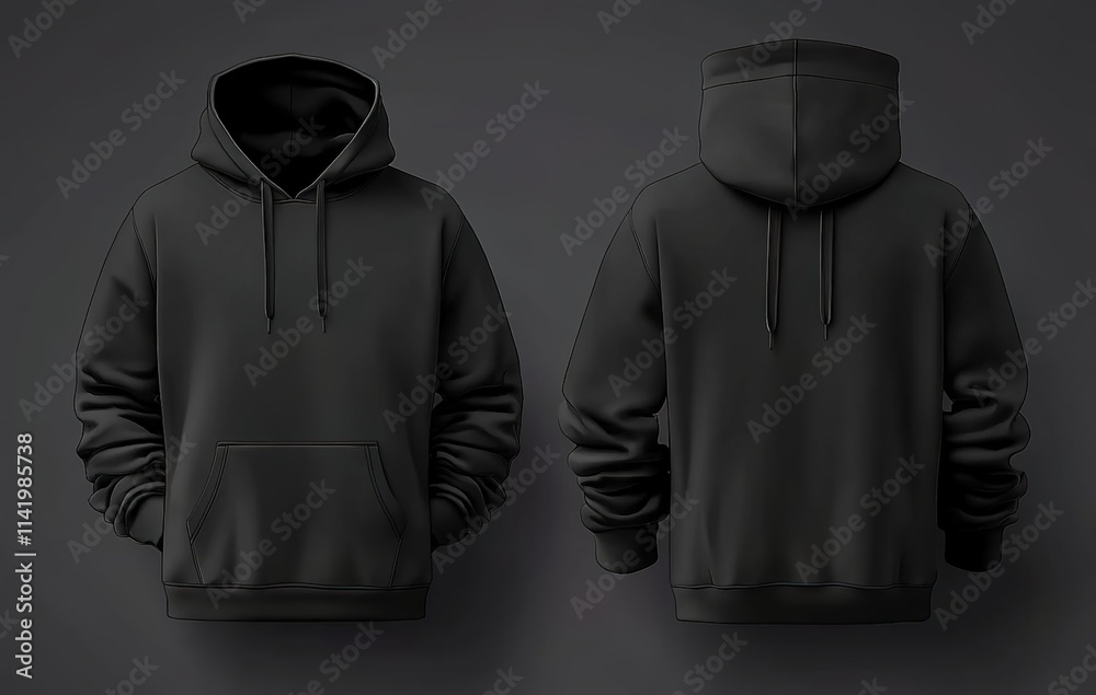 Black hoodie sweatshirt front and back mockup template vector illustration on a dark background Black hoodie sweatshirt front and back mockup template vector illustration on a dark background