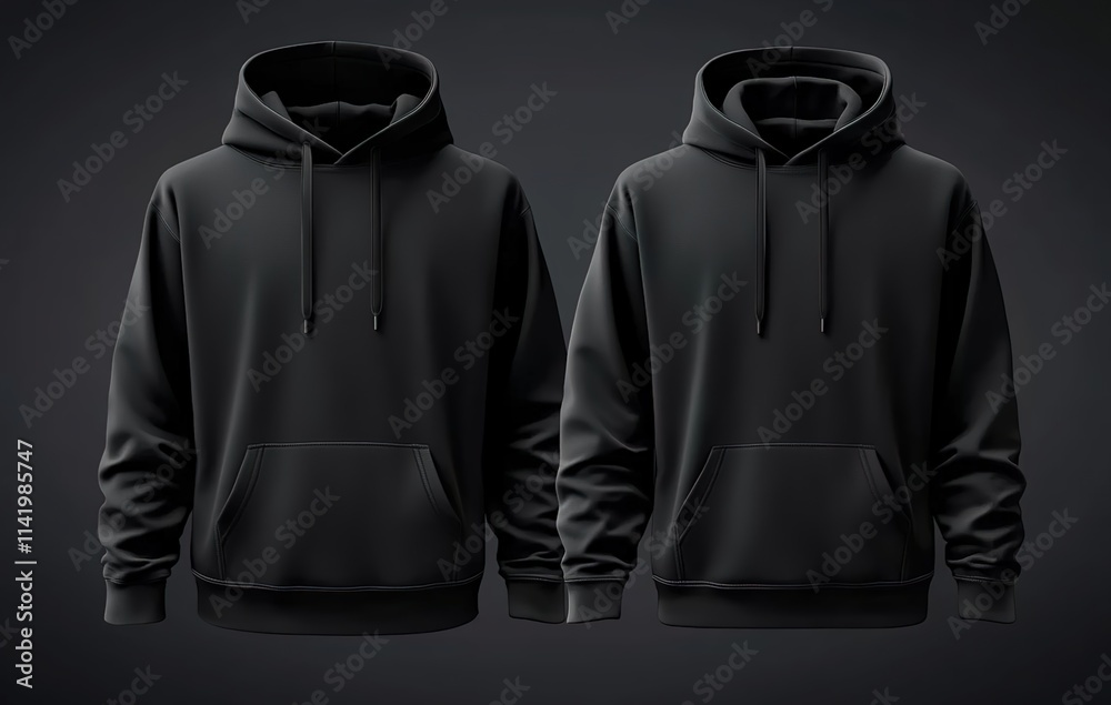 Black hoodie sweatshirt front and back mockup template vector illustration on a dark background Black hoodie sweatshirt front and back mockup template vector illustration on a dark background