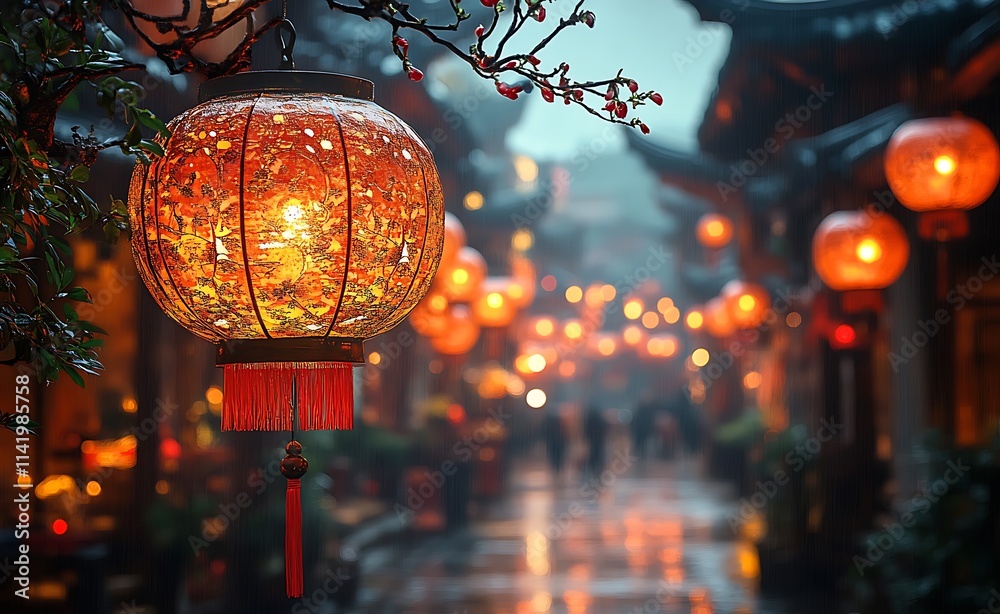 street with lanterns and people walking in the background
street with lanterns and people walking in the background