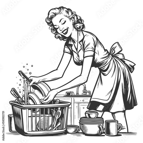 smiling retro housewife washing dishes at the sink, bubbly water sketch engraving generative ai fictional character vector illustration. Scratch board imitation. Black and white image.