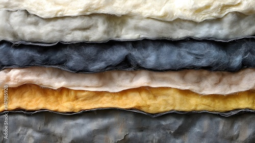 Home insulation features a vibrant array of materials stacked neatly, showcasing varying textures and colors. Perfect for improving energy efficiency in residential spaces.