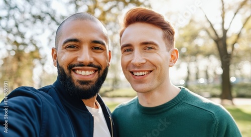 Joyful friendship moment: african and caucasian young males smiling in outdoor park setting