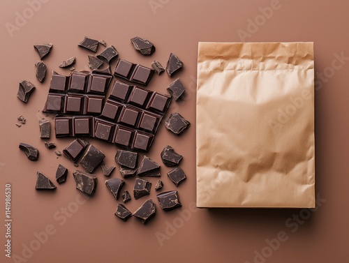 Dark chocolate chunks and kraft paper bag on brown background photo