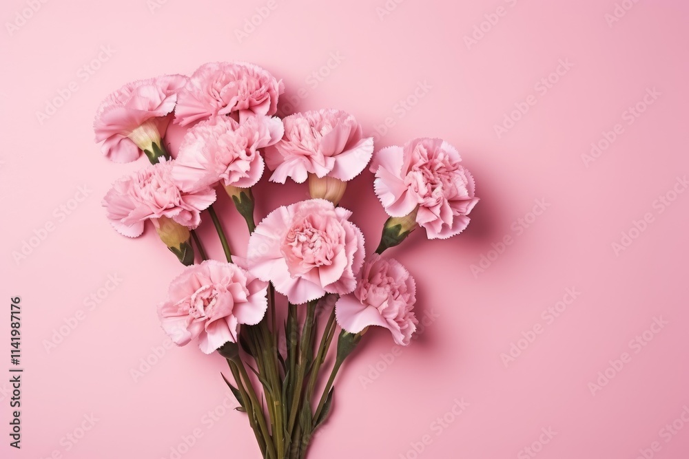 Pink carnation flowers creating a delicate and romantic atmosphere on a solid pink backdrop