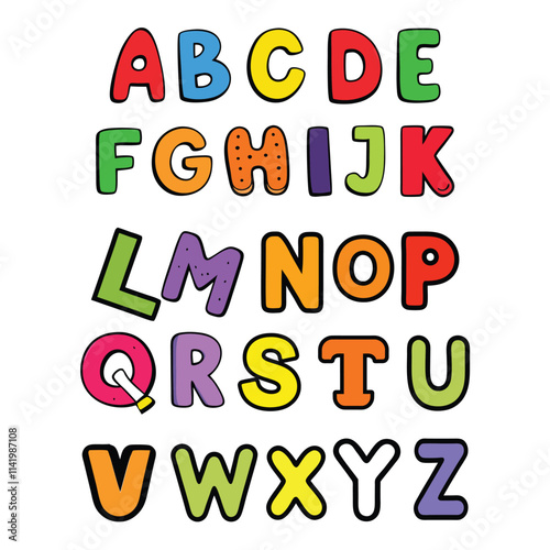 funny colorful cartoon alphabet poster featuring rounded bold letters in rainbow colors with a black outline. perfect for kids' birthday cards, baby showers, or as an educational nursery print.