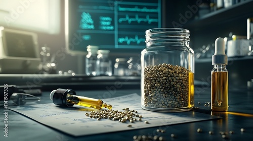 A photograph showcasing a glass jar filled with hemp seeds alongside a CBD oil dropper and medical charts all under the soft clinical lighting  This image represents the natural photo