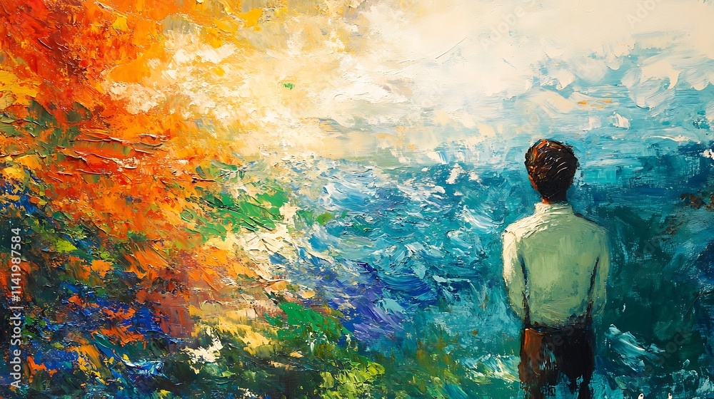 Person gazing at vibrant abstract digital painting, expressive artwork. AI Generated Person gazing at vibrant abstract digital painting, expressive artwork. AI Generated