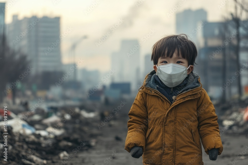 Young asian child wearing a mask walks through a polluted urban area amid garbage and smog Young asian child wearing a mask walks through a polluted urban area amid garbage and smog