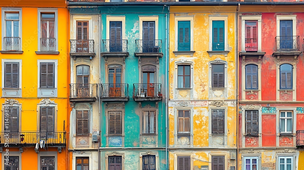 Brightly Painted Facades Building Close Up Photo. AI Generated Brightly Painted Facades Building Close Up Photo. AI Generated