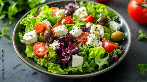 Delicious Salad with Feta Cheese, Tomatoes, and Olives - Food Photography