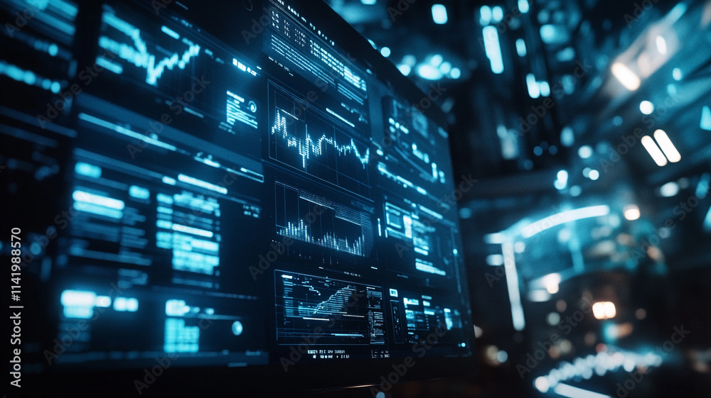 Cybernetic Control Center: Futuristic digital interface displays complex data streams and glowing graphs, a mesmerizing visual of technological prowess. Cybernetic Control Center: Futuristic digital interface displays complex data streams and glowing graphs, a mesmerizing visual of technological prowess.