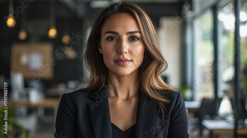 Confident businesswoman poses in modern office setting with natural light streaming through large windows