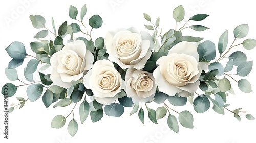 Watercolor white roses and eucalyptus greenery floral bouquet, wedding flower arrangement isolated on a plain background.