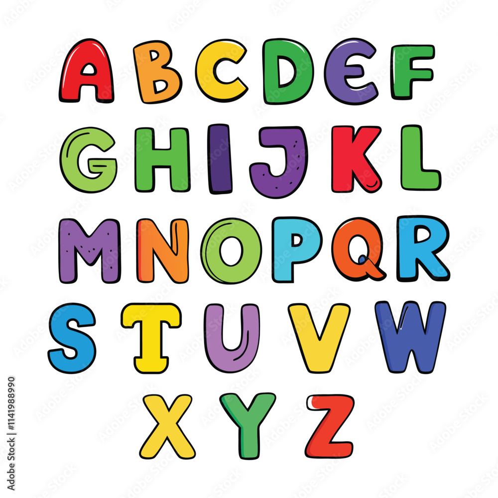 funny colorful cartoon alphabet poster featuring rounded bold letters in rainbow colors with a black outline. perfect for kids' birthday cards, baby showers, or as an educational nursery print. funny colorful cartoon alphabet poster featuring rounded bold letters in rainbow colors with a black outline. perfect for kids' birthday cards, baby showers, or as an educational nursery print.