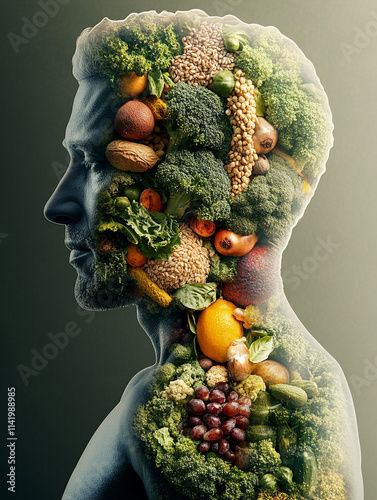 Nourishing the Body and Mind: A powerful conceptual image depicting a man's silhouette overlaid with a vibrant array of fresh fruits, vegetables, and grains. photo