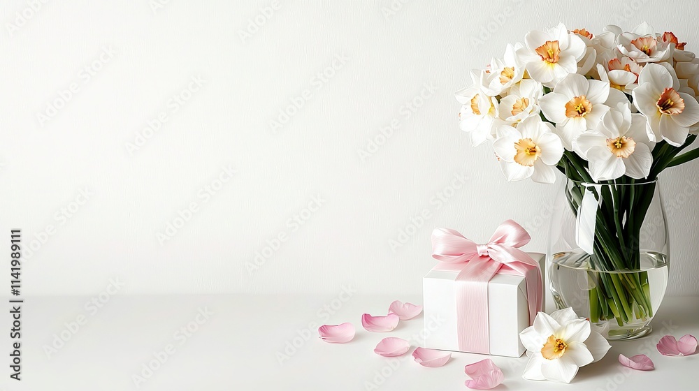 A vase brimming with white and pink blossoms positioned beside a white package adorned with a pink ribbon A vase brimming with white and pink blossoms positioned beside a white package adorned with a pink ribbon