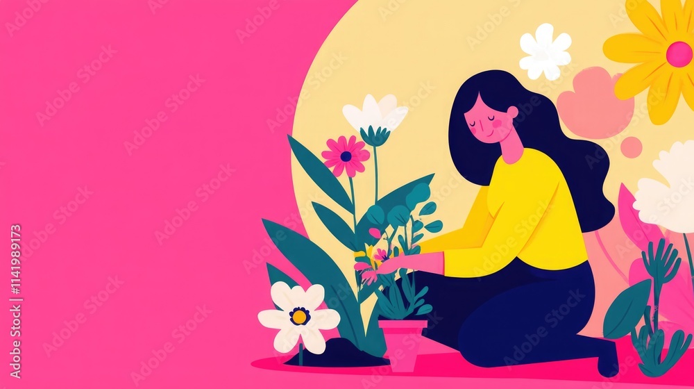 Woman planting flowers in a colorful garden surrounded by vibrant blooms on a bright sunny day Woman planting flowers in a colorful garden surrounded by vibrant blooms on a bright sunny day