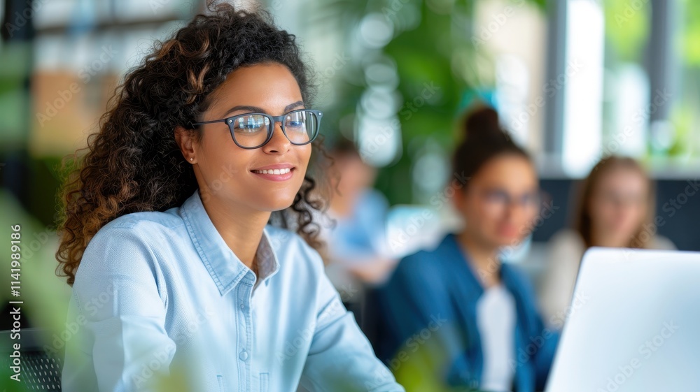 Fototapeta premium A woman with curly hair smiles while working on a laptop in a bright, green environment, surrounded by colleagues.
