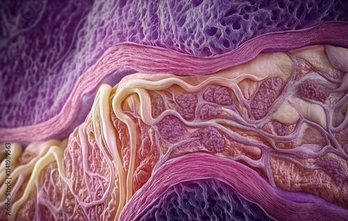 A detailed cross-section of the layering in an interior view, showing purple muscle fibers and pink fat cells with white capillaries.  photo