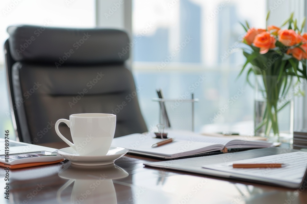 A modern office scene featuring a coffee cup, notebooks, and a vase of flowers, set against a backdrop of city skyscrapers. A modern office scene featuring a coffee cup, notebooks, and a vase of flowers, set against a backdrop of city skyscrapers.