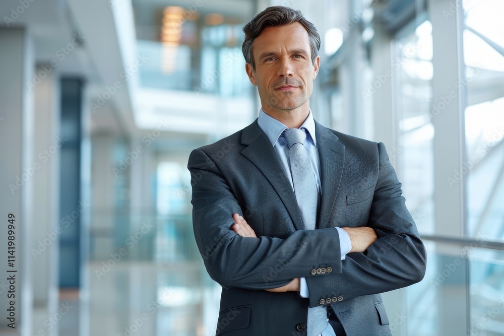 A confident businessman stands with arms crossed in a modern office space, exuding professionalism and authority. A confident businessman stands with arms crossed in a modern office space, exuding professionalism and authority.