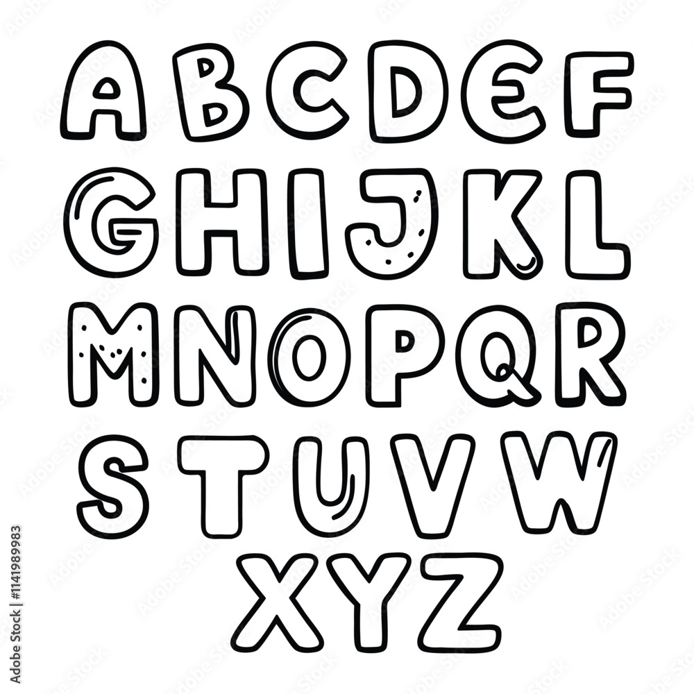 funny colorful cartoon alphabet poster featuring rounded bold letters in rainbow colors with a black outline. perfect for kids' birthday cards, baby showers, or as an educational nursery print. funny colorful cartoon alphabet poster featuring rounded bold letters in rainbow colors with a black outline. perfect for kids' birthday cards, baby showers, or as an educational nursery print.