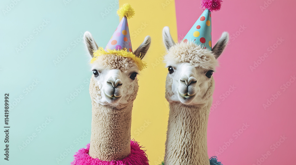 Obraz premium Two alpacas in colorful party outfits with festive hats, celebrating joyfully