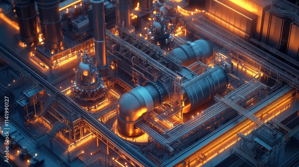 Illuminated Industrial Complex Nighttime Refinery Scene Illuminated Industrial Complex Nighttime Refinery Scene