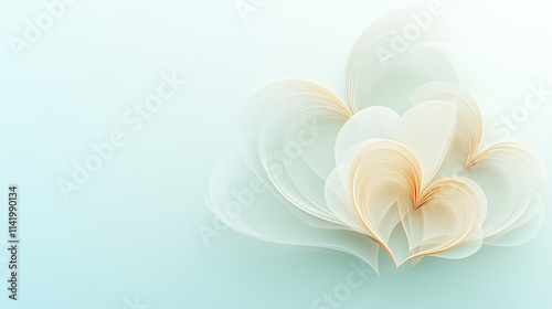 Soft translucent paper hearts on light blue gradient background