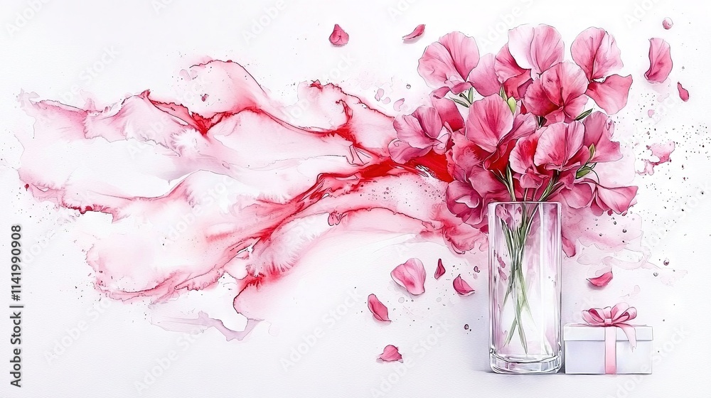 A vase filled with pink flowers sits atop a table, next to a white box adorned with a pink bow A vase filled with pink flowers sits atop a table, next to a white box adorned with a pink bow