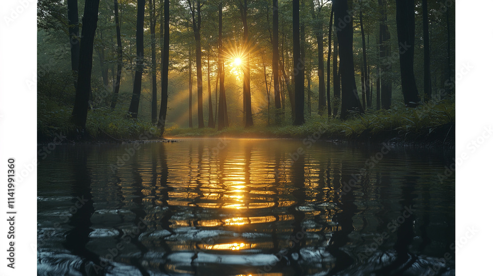 Obraz premium Sunlit forest with golden rays filtering through tall trees and water
