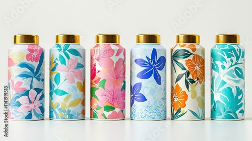 Colorful air freshener spray cans arranged in a row, each featuring floral-themed designs, isolated on white photo