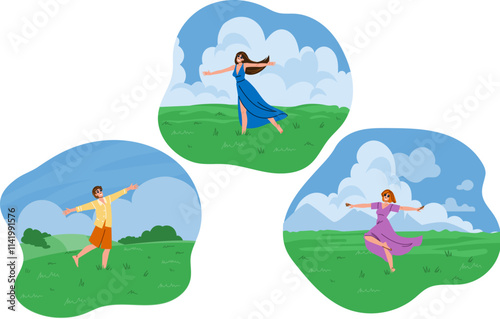 nature field spinning joyfully vector. happiness freedom, sunlight breeze, laughter movement nature field spinning joyfully character. people flat cartoon illustration