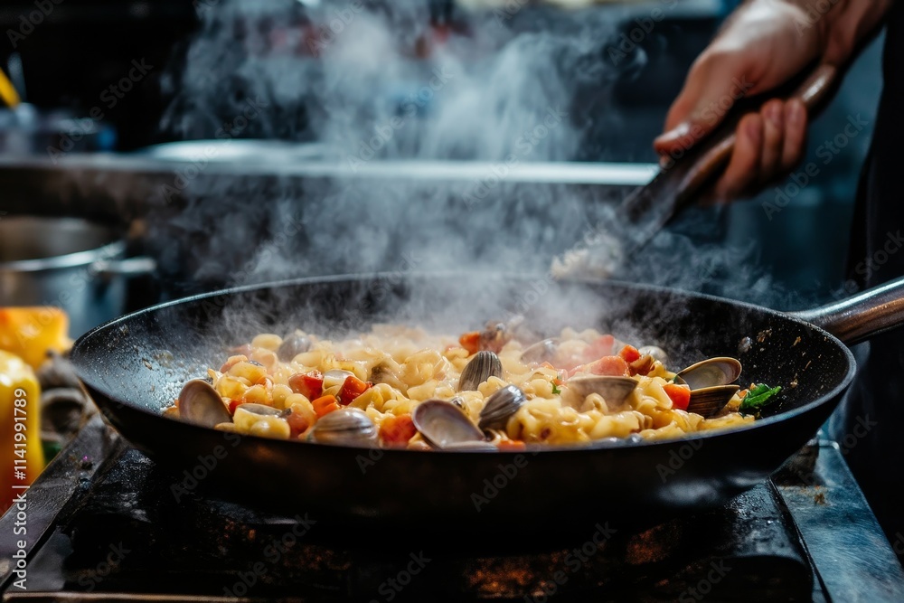 Seafood pasta with Clams in frying cooking pan. Seafood pasta with Clams in frying cooking pan.