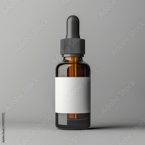 Black glass dropper bottle with blank white label mockup on a gray background, front view. Minimalist style. High-resolution photography. Studio lighting. photo