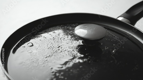 Deep frying pan with a lid slightly ajar, isolated against a white backdrop photo