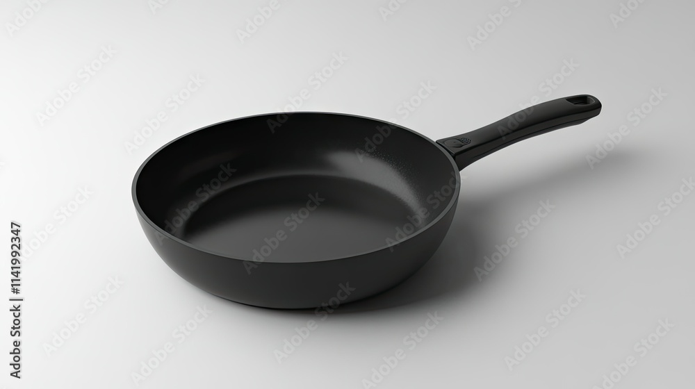 Empty black frying pan with a heat-resistant silicone handle, resting on a plain white surface Empty black frying pan with a heat-resistant silicone handle, resting on a plain white surface